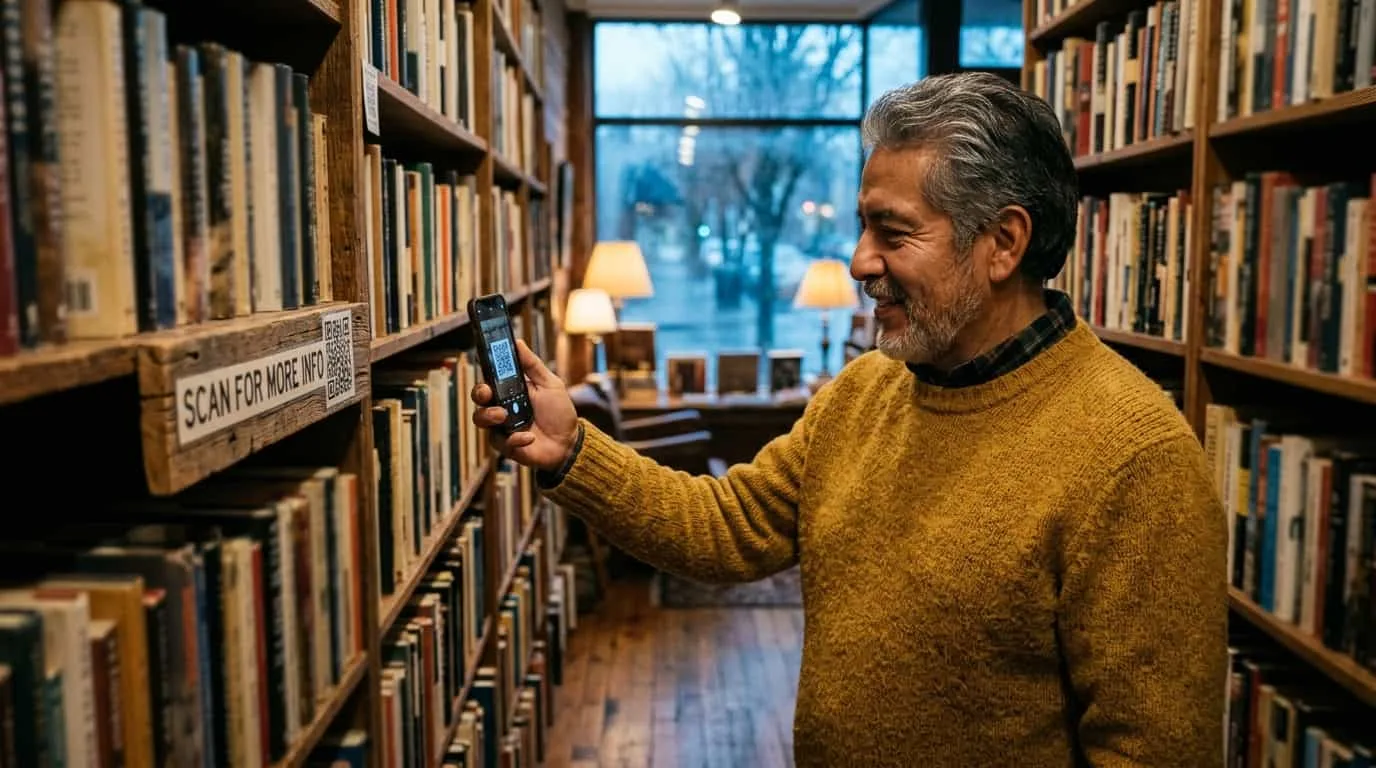 Cliente latino mais velho de suéter de lã escaneando um QR code numa placa pequena de madeira numa prateleira dentro de uma livraria independente aconchegante numa tarde chuvosa