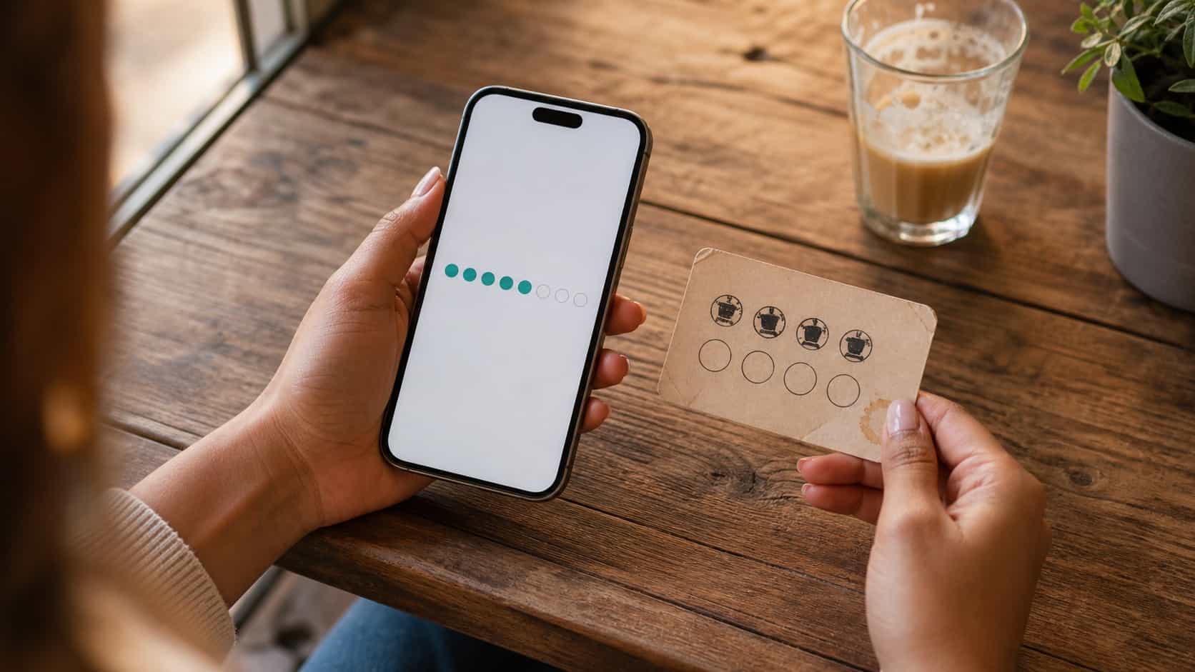 Young woman at a cafe table holding her phone showing a digital loyalty stamp screen next to a worn paper punch card with bent corners and ink smudges