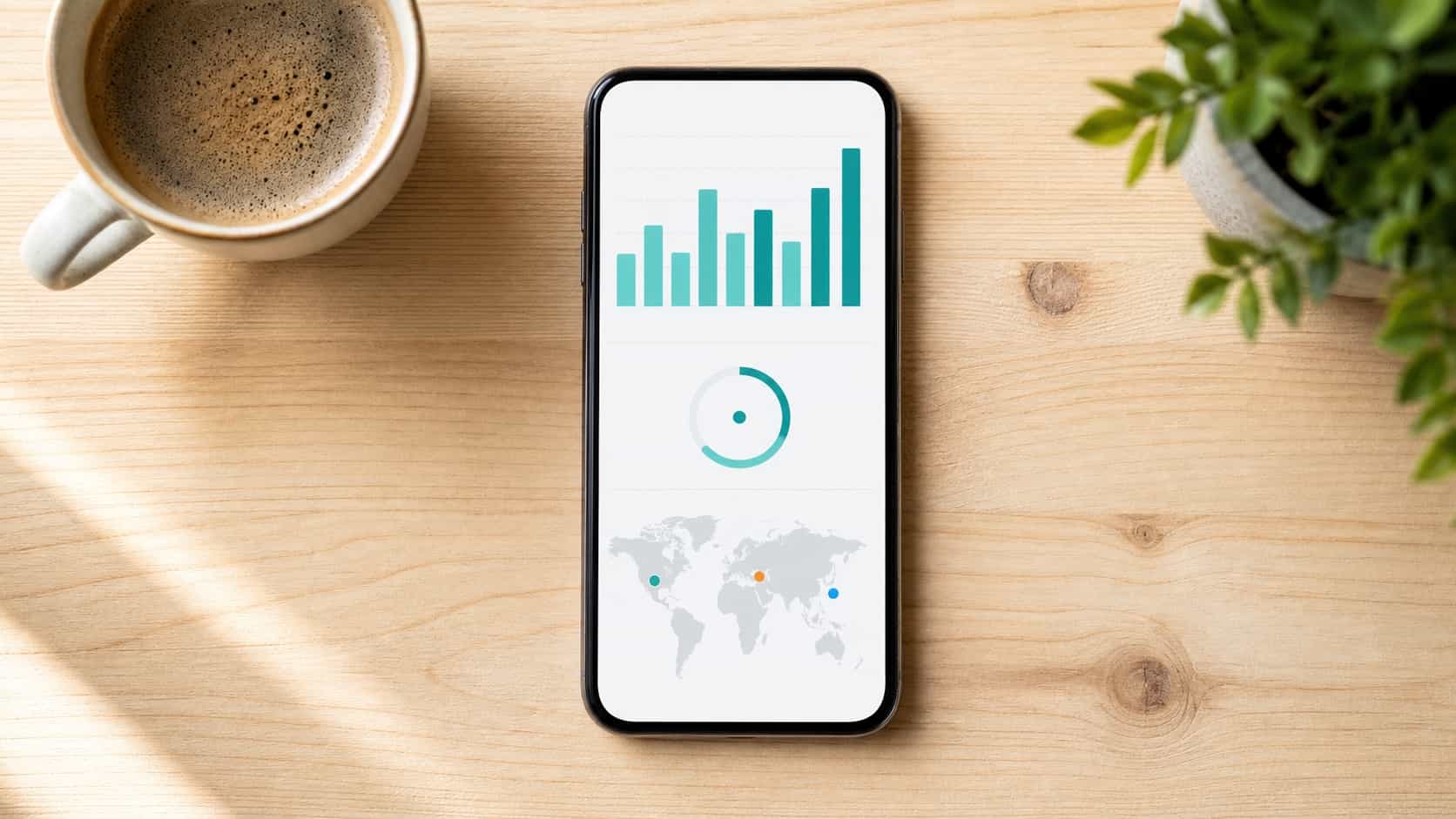 Smartphone displaying a real-time dynamic QR code analytics dashboard with scan counts, location dots on a small map, and a device breakdown