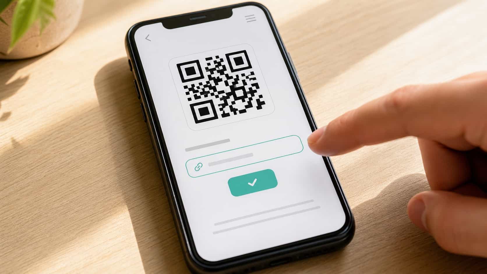 Close-up of a smartphone showing a clean dashboard interface with an active QR code and a destination URL field being edited