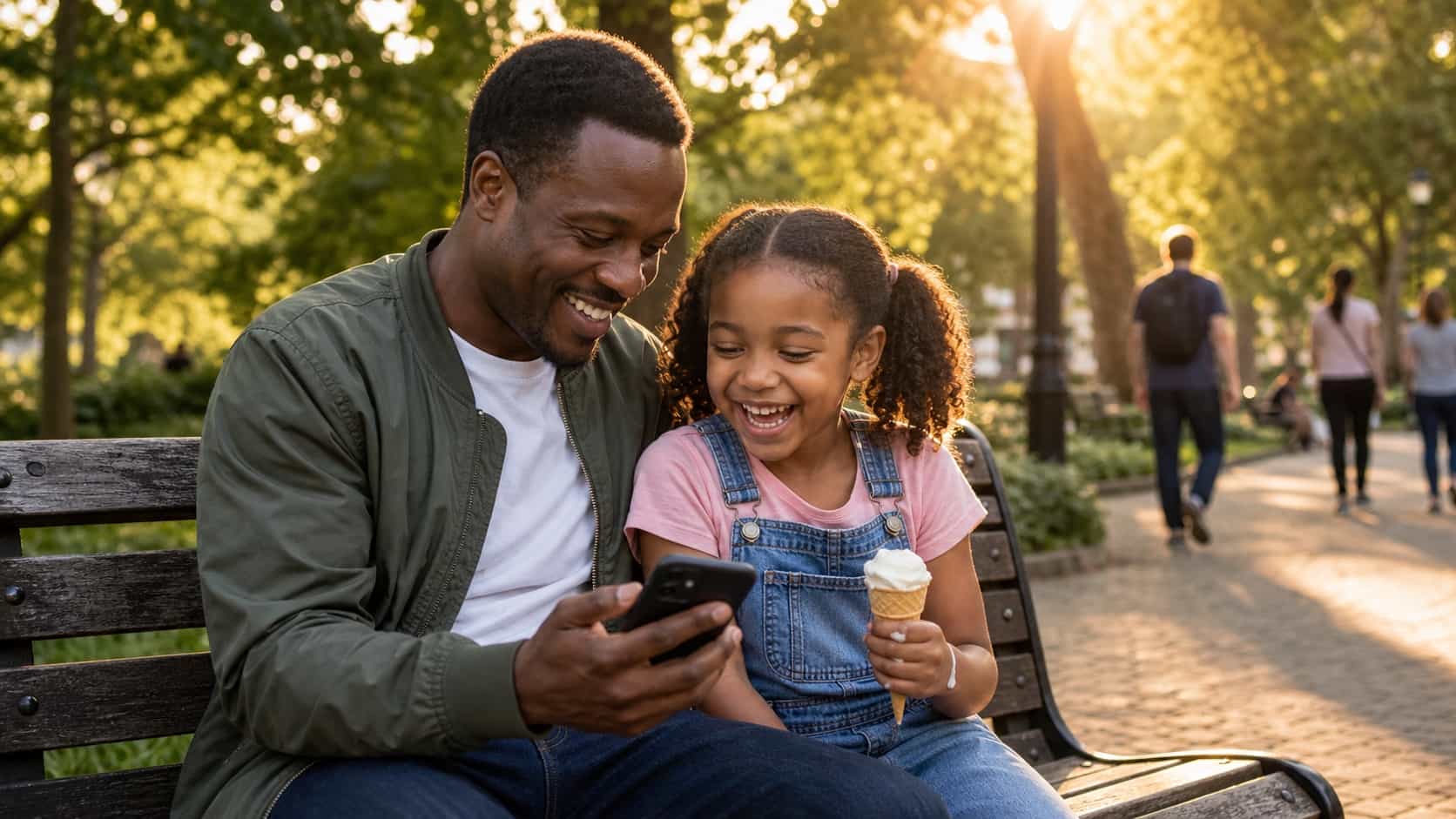 Mid-thirties Black father and his young daughter around age seven sitting close together on a wooden park bench in the late afternoon, the father showing her something on his phone while she holds an ice cream cone, both laughing, soft golden hour light through trees
