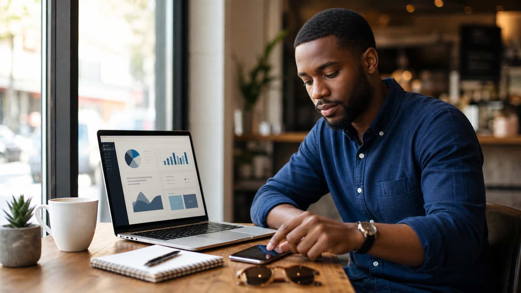 Jovem em uma mesa de café com notebook aberto e celular lado a lado, fazendo tarefas rápidas com café e caderno