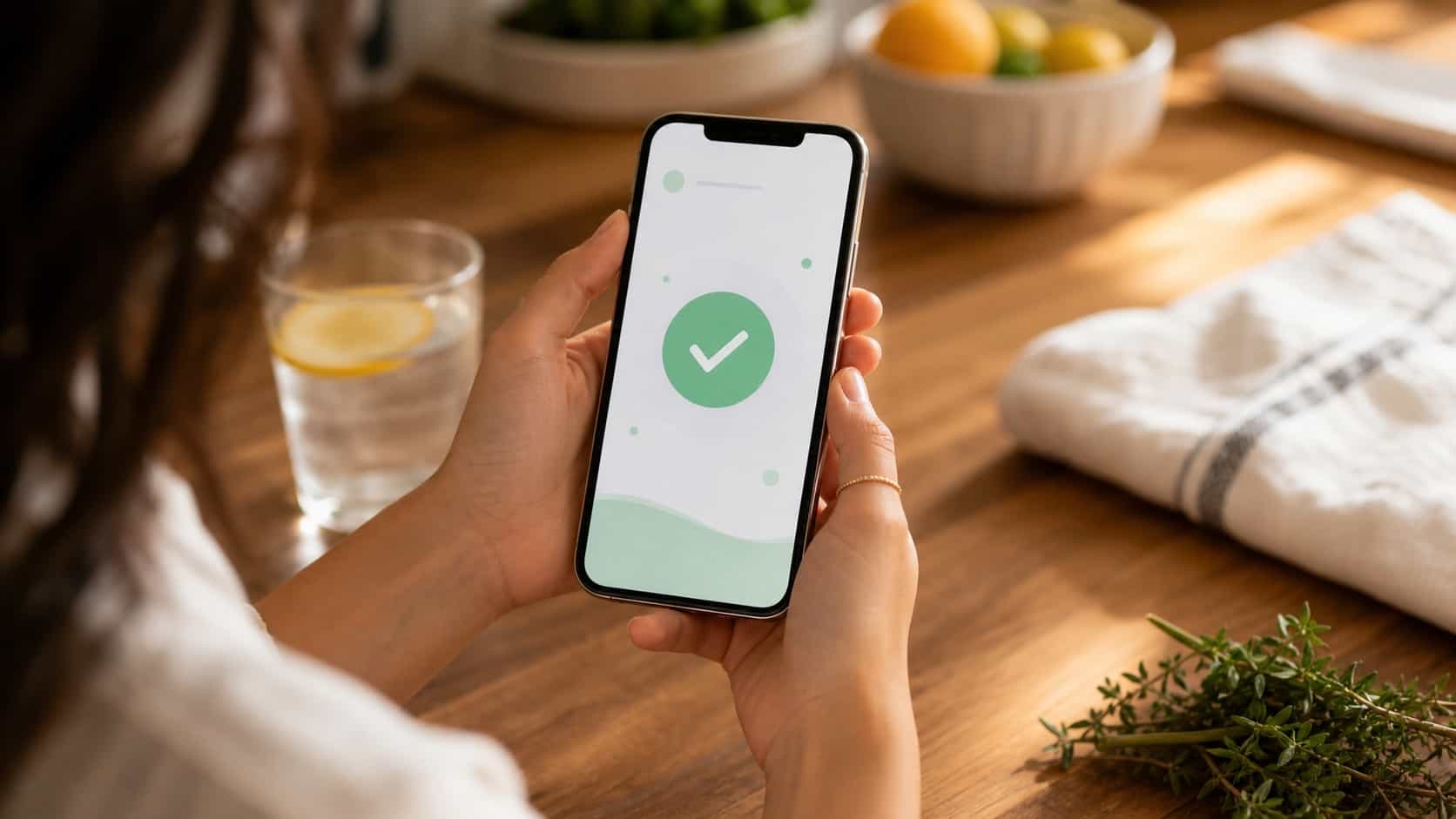 Close-up de mãos segurando um celular mostrando uma tela de pagamento diário bem-sucedido com confirmação verde abstrata, em um balcão de cozinha de madeira