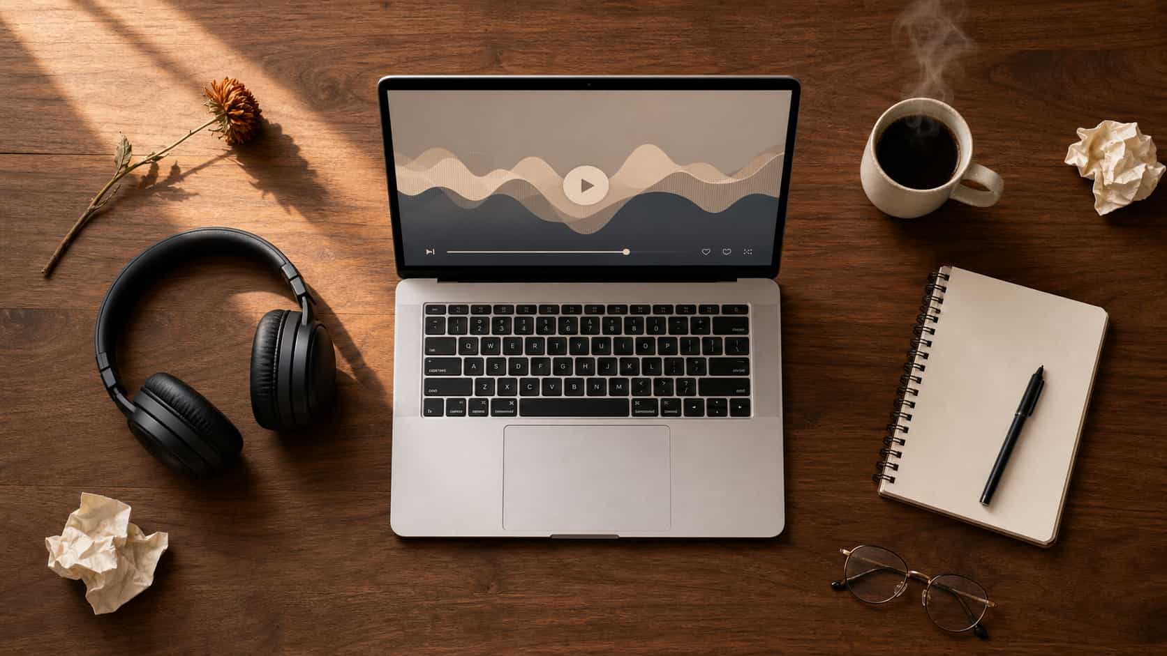 Vista superior de uma mesa de madeira com notebook aberto, fones de ouvido grandes, uma xícara de café e um caderno pequeno com caneta, sugerindo uma sessão de avaliação musical