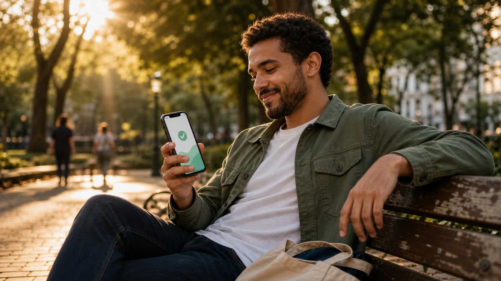 Jovem sentado em um banco de parque no fim da tarde olhando o celular com um pequeno sorriso satisfeito, luz dourada suave por entre as árvores