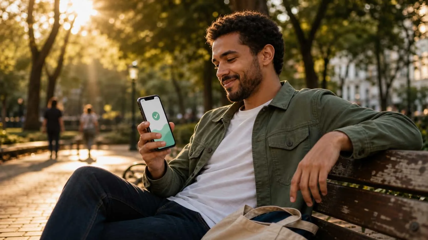 Young man sitting on a park bench in the early evening looking at his phone with a small satisfied smile, soft golden light through trees