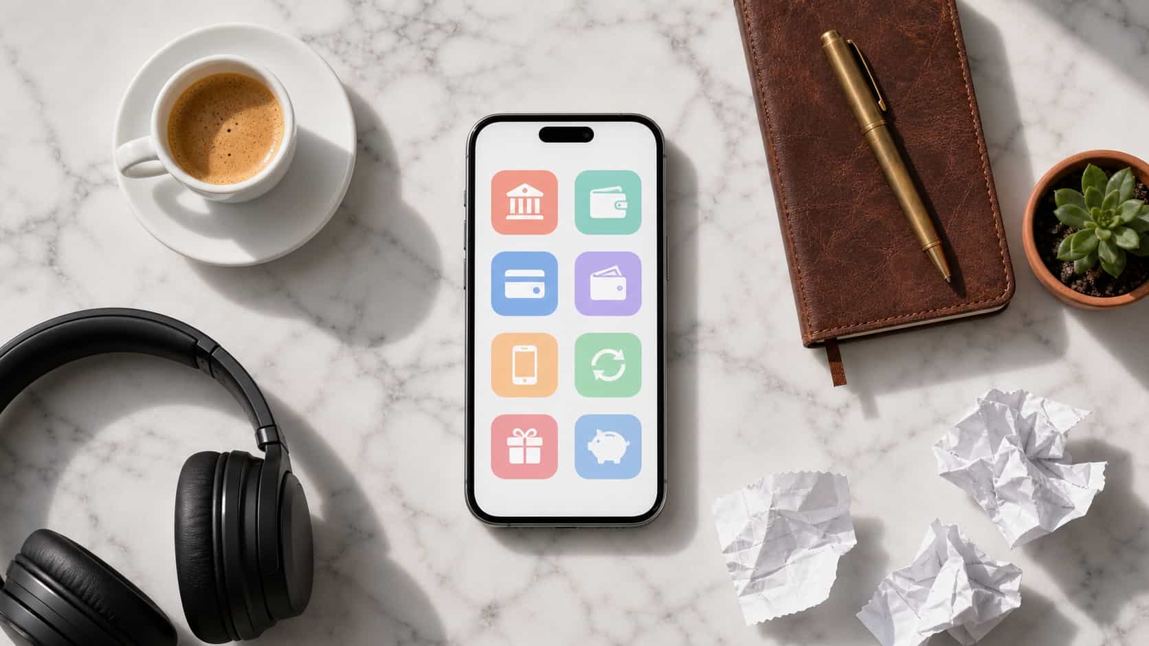 Vista superior de um smartphone em uma mesa de mármore mostrando vários ícones abstratos de métodos de saque, ao redor uma xícara de café, fones e um caderno