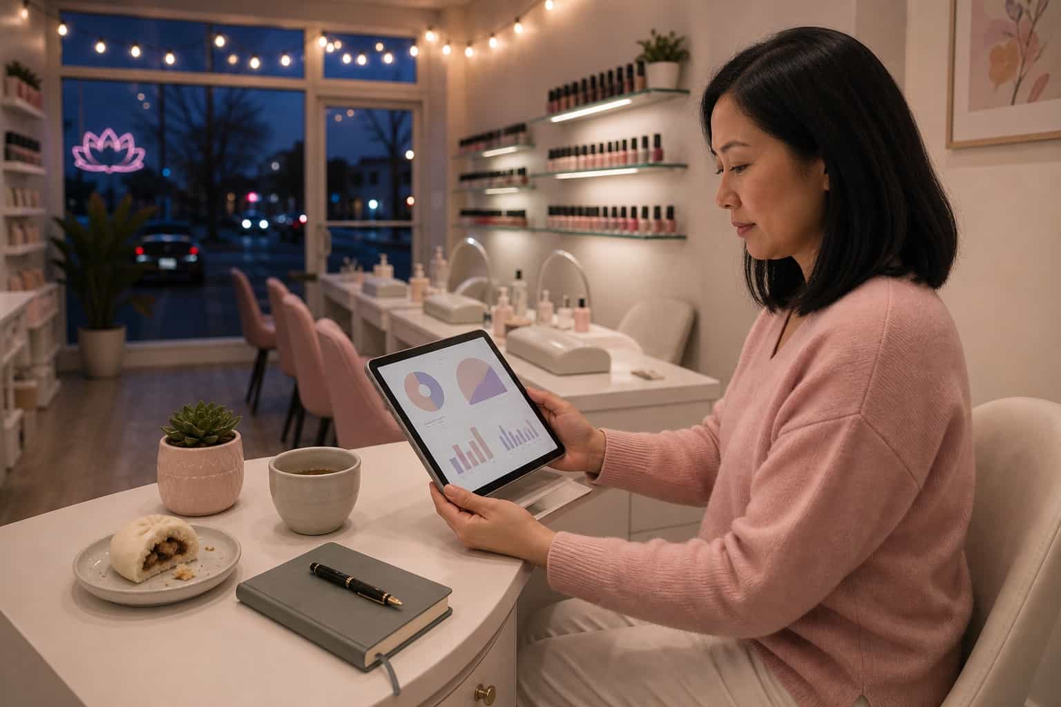 Dona vietnamita de salão de manicure na faixa dos quarenta anos sentada em uma pequena recepção em seu salão vazio no fim do dia revisando segmentos de clientes e padrões de reagendamento em um tablet, luz quente suave de cordão de luzes e luminária de mesa
