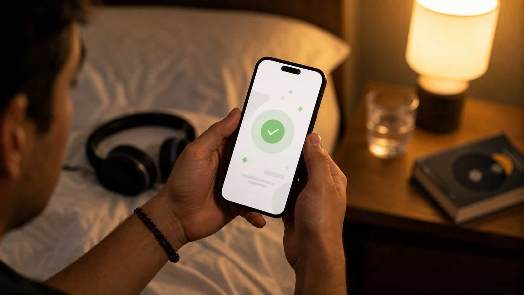 Close-up de mãos segurando um celular mostrando uma confirmação de pagamento bem-sucedido com um visto verde suave, quarto aconchegante com luz quente ao fundo