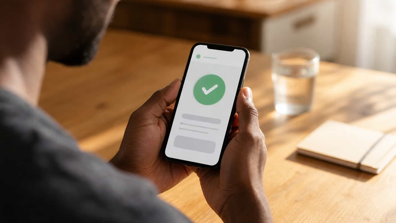 Close-up of hands holding a smartphone showing a successful cash-out confirmation screen with an abstract green checkmark, on a kitchen table with morning light