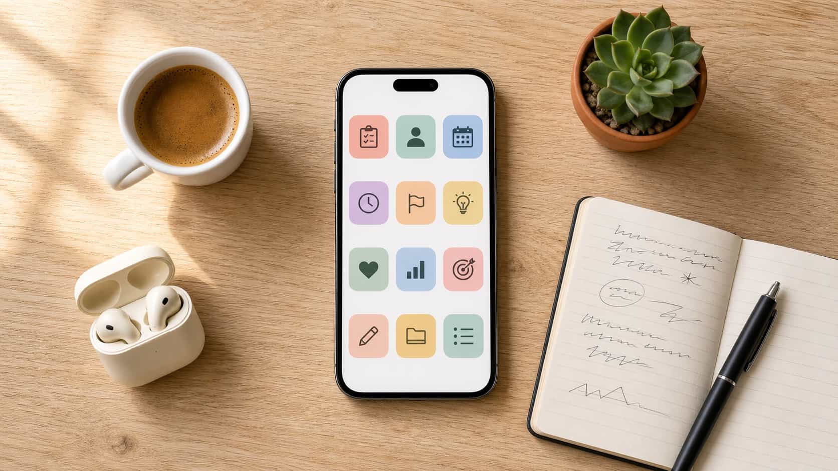 Vista superior de um smartphone em uma mesa de madeira clara mostrando uma grade colorida de ícones de categorias de tarefa, com café e fones por perto