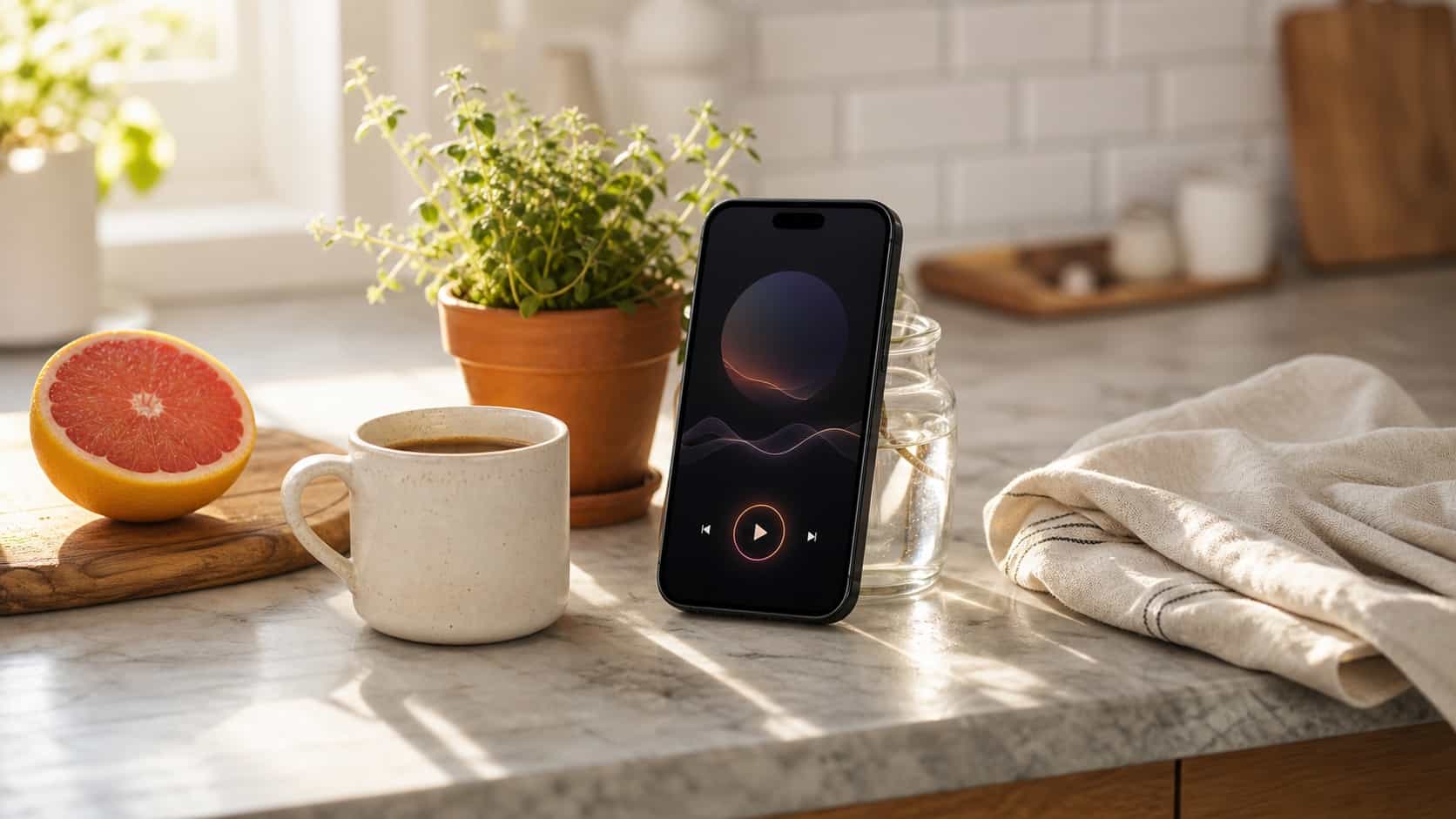 Smartphone apoiado em um pote de vidro em um balcão de cozinha tocando música em segundo plano enquanto a luz do sol entra