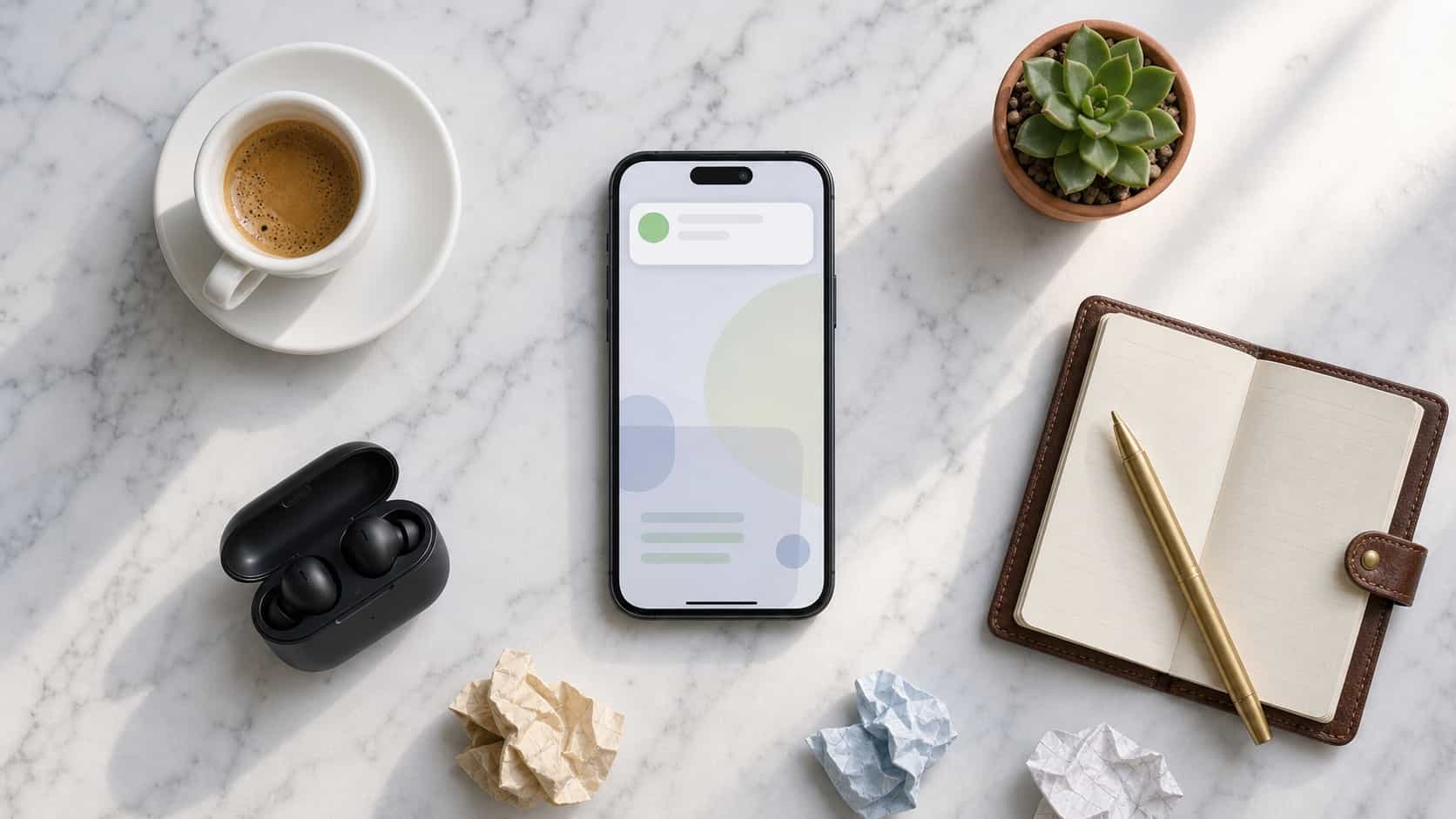 Vista superior de um celular em uma mesa de mármore mostrando um banner de notificação abstrato com um ícone verde suave, ao redor café, fones e um caderno