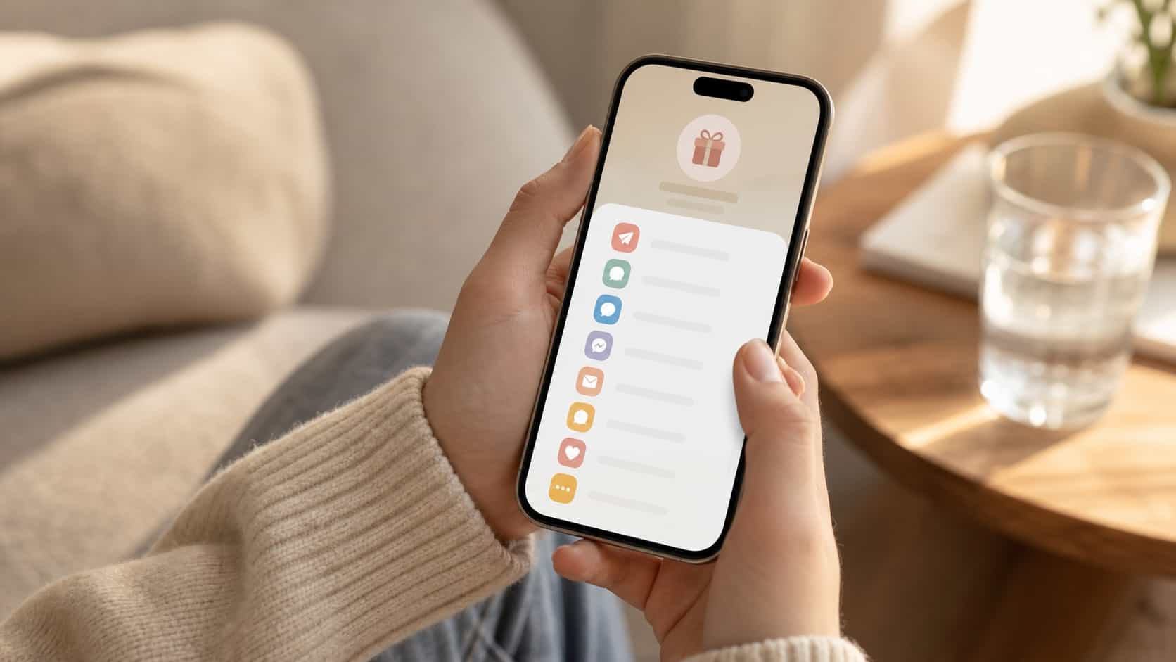 Close-up da tela de um smartphone mostrando uma aba de compartilhamento abstrata com vários ícones de apps de mensagem, segurado nas mãos de uma pessoa em um sofá