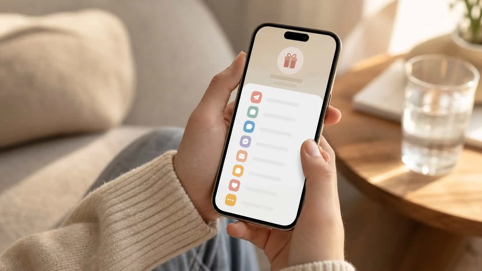 Close-up of a smartphone screen showing an abstract share sheet with multiple messaging app icons, held in a person's hands on a sofa