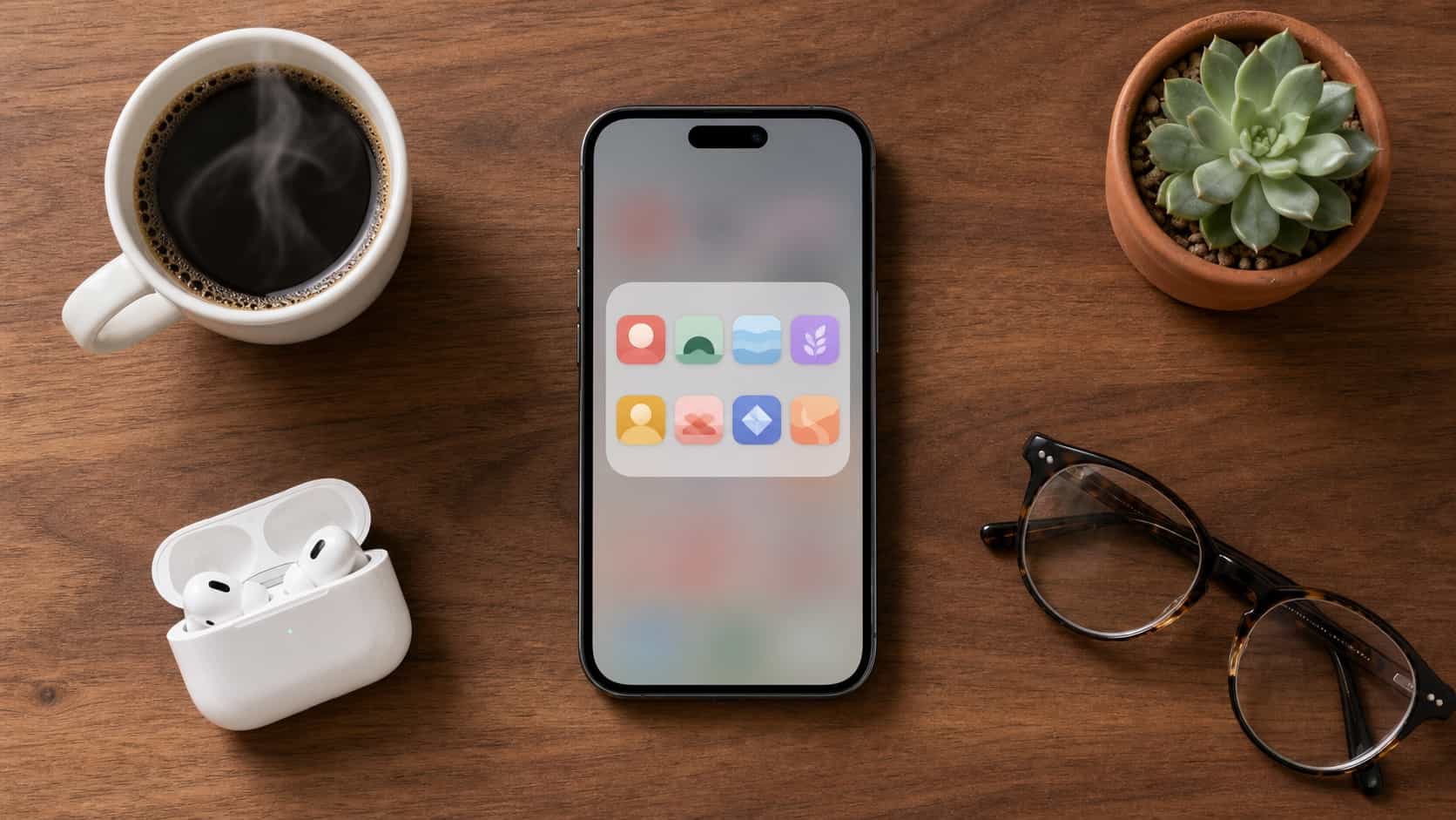Top-down view of a smartphone on a wooden desk showing a folder of several video reward apps with abstract colorful icons, next to coffee and earbuds