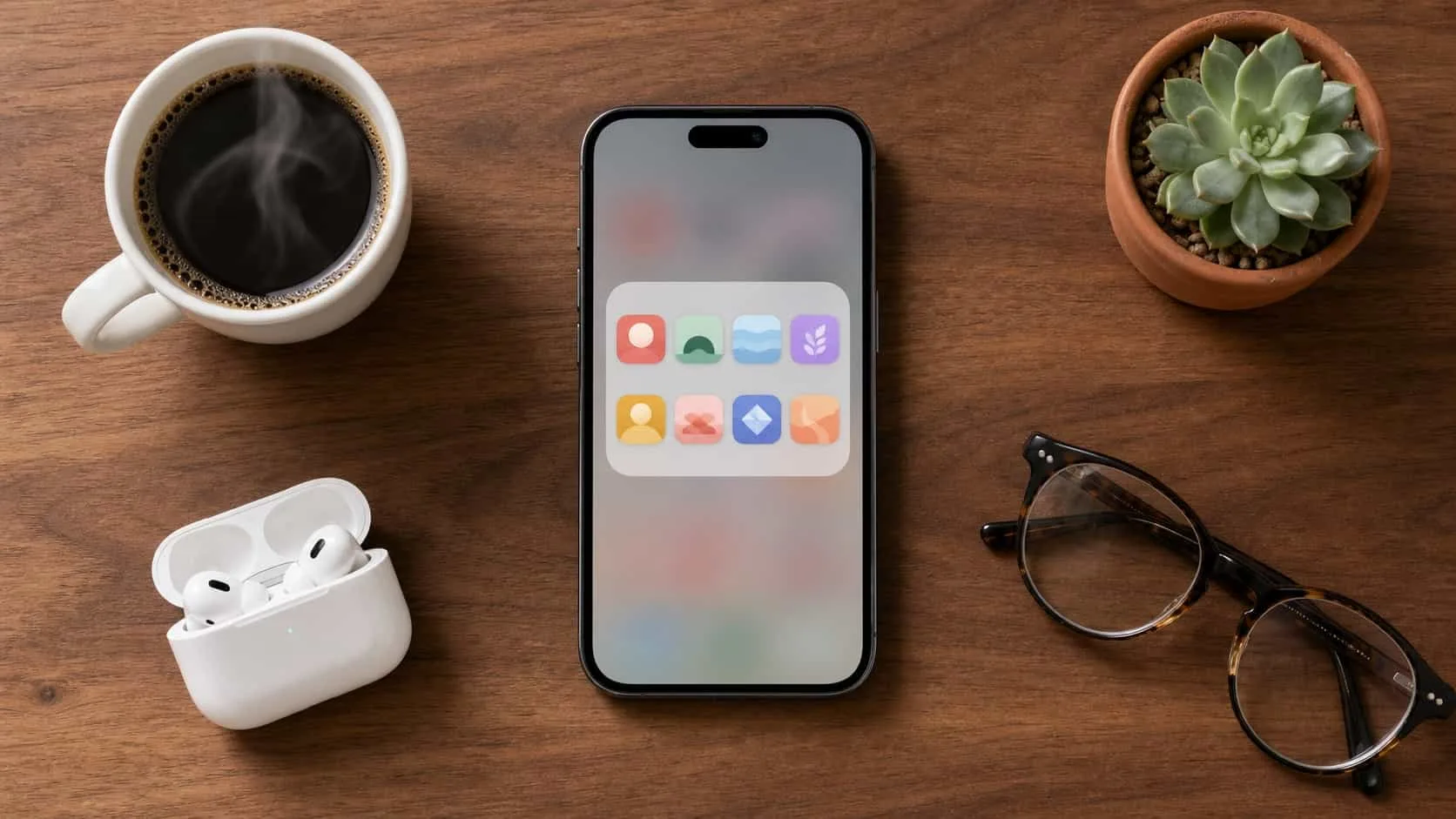 Vista superior de um smartphone em uma mesa de madeira mostrando uma pasta com vários apps de recompensa por vídeo com ícones coloridos abstratos, ao lado de café e fones de ouvido