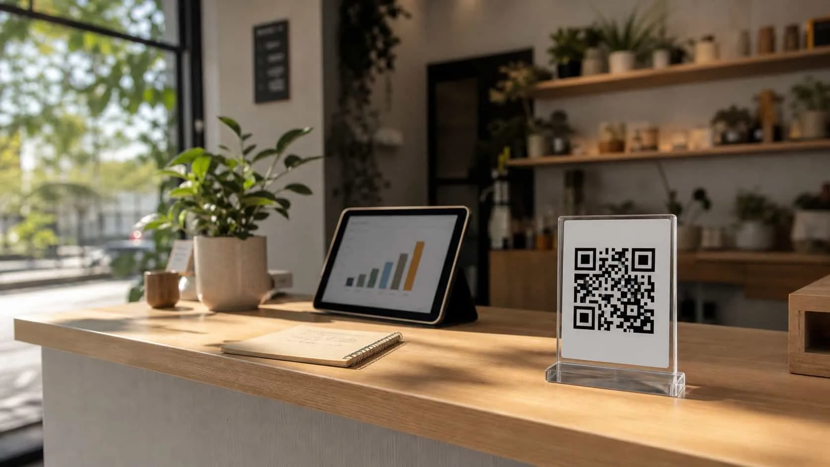 Small business owner reviewing customer acquisition data on a tablet next to a printed QR code stand on a wood counter in warm natural light