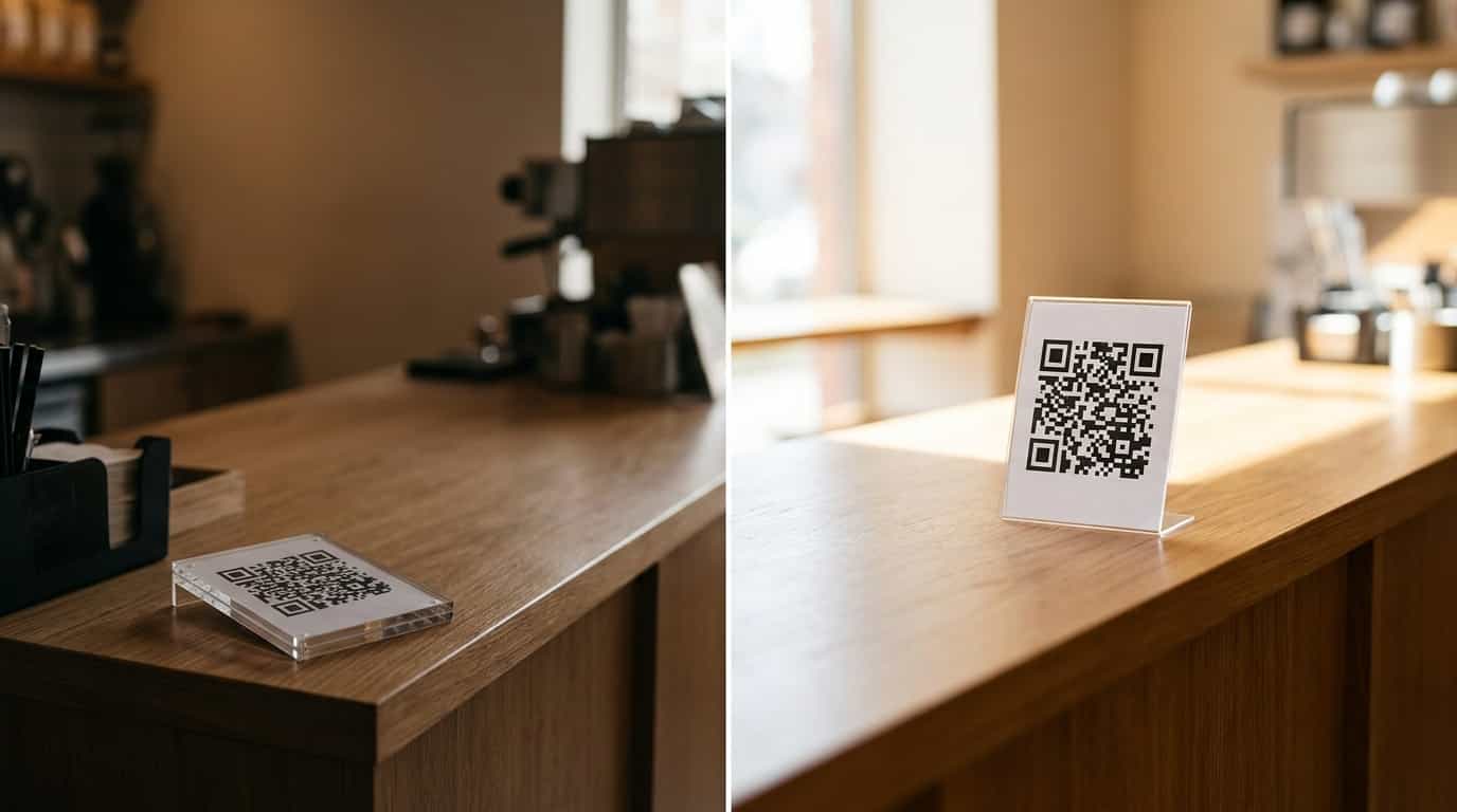 Side-by-side photo comparison of a QR code at eye level versus a QR code below sight line on a counter, with a customer's perspective implied