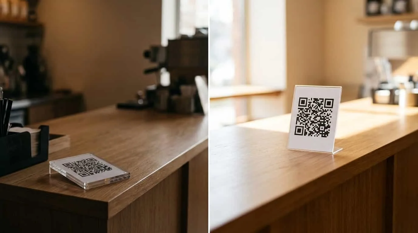 Side-by-side photo comparison of a QR code at eye level versus a QR code below sight line on a counter, with a customer's perspective implied
