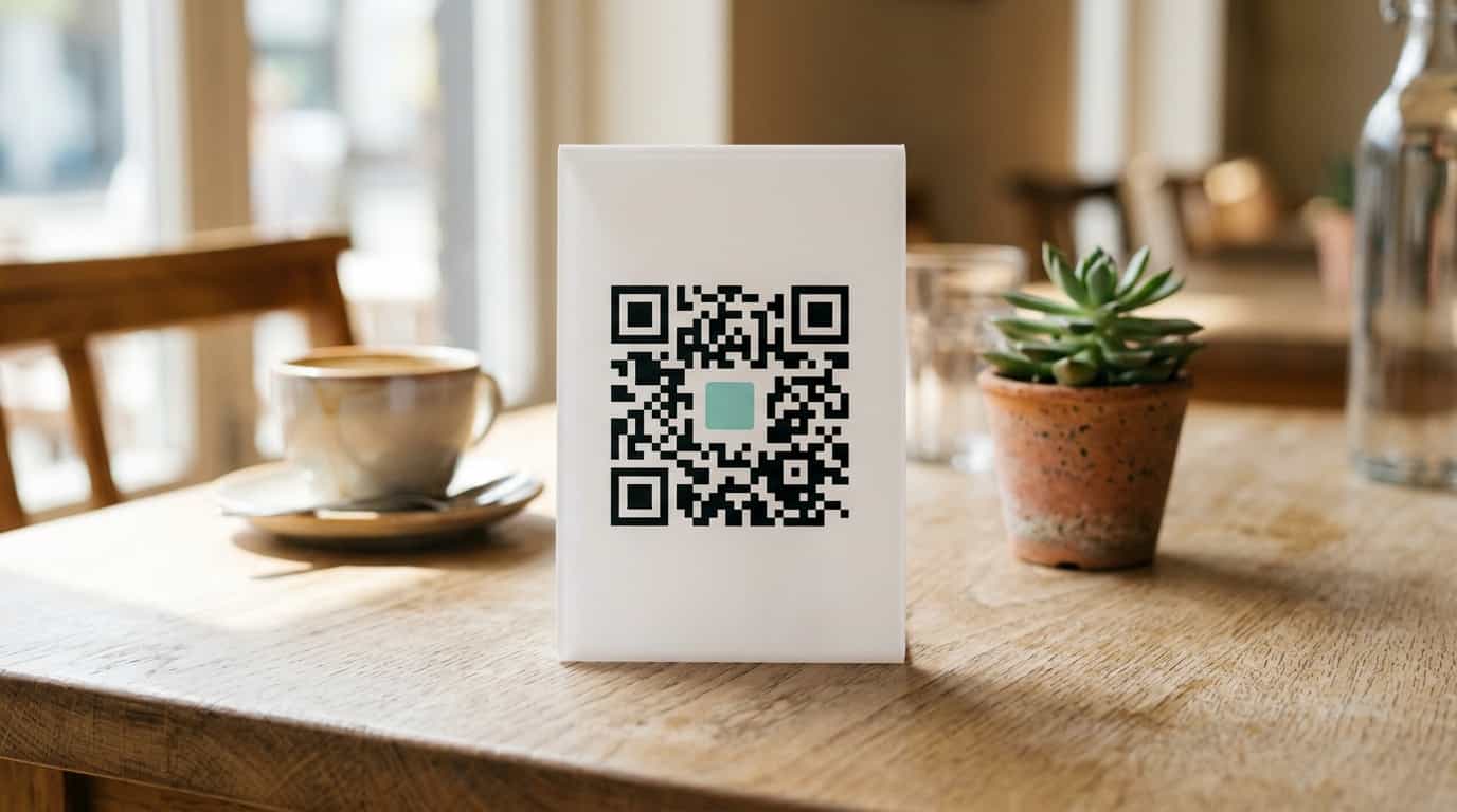 Close-up of a clean acrylic table tent with a QR code centered on a restaurant table next to a coffee cup and small plant in warm afternoon light
