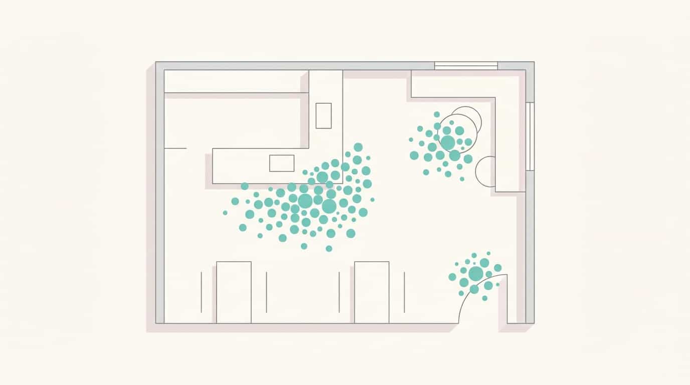 Planta baixa ilustrada de um pequeno negócio com pontos coloridos mostrando onde os escaneamentos de QR code se concentram ao longo do dia
