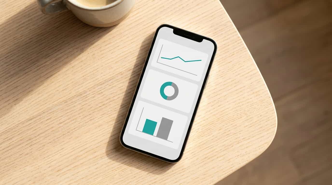 Smartphone exibindo um dashboard ao vivo de analytics de QR code com três módulos visuais pequenos: linha do tempo de escaneamentos, divisão por aparelho e comparação de posicionamento