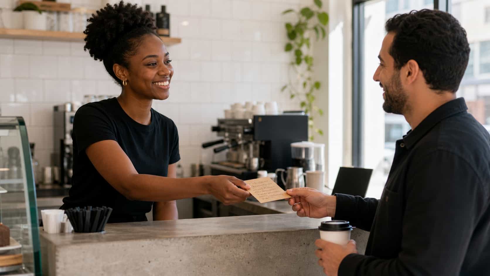 Young Black female barista handing a small handwritten referral card with a smile to a Middle Eastern male customer holding a takeaway coffee cup in a bright minimalist coffee bar