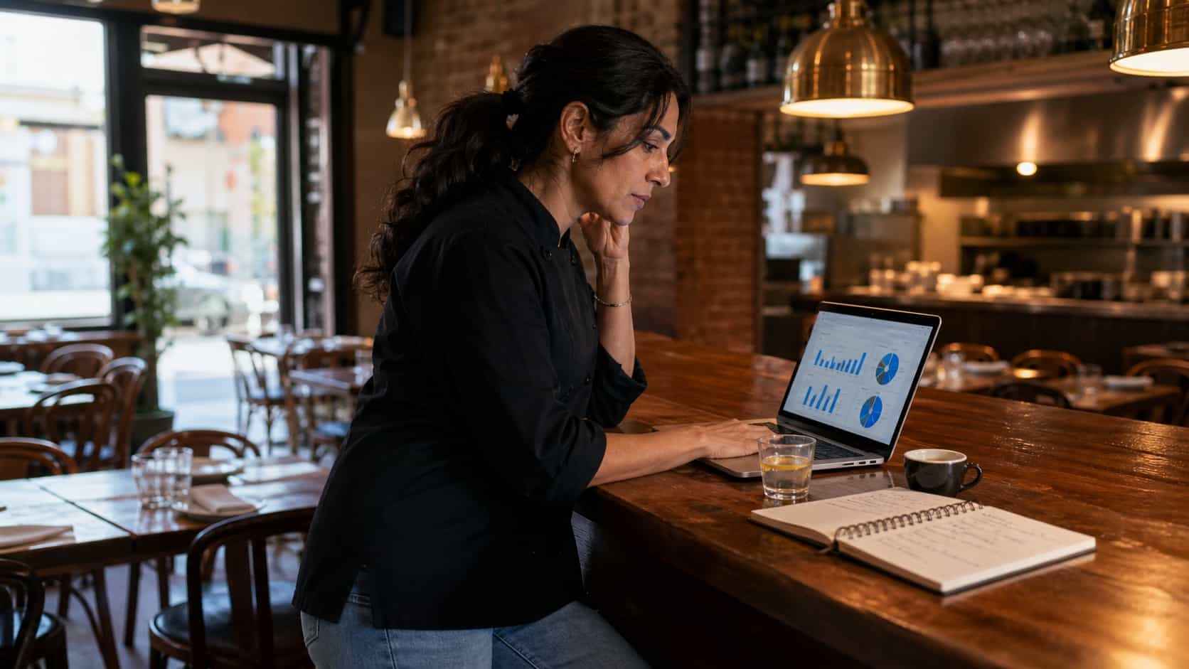 Middle-Eastern female restaurant owner in her early forties standing at the end of a wooden bar counter in her empty bistro after lunch service reviewing the rewards-driven returning customer data on a laptop, soft daylight through tall front windows