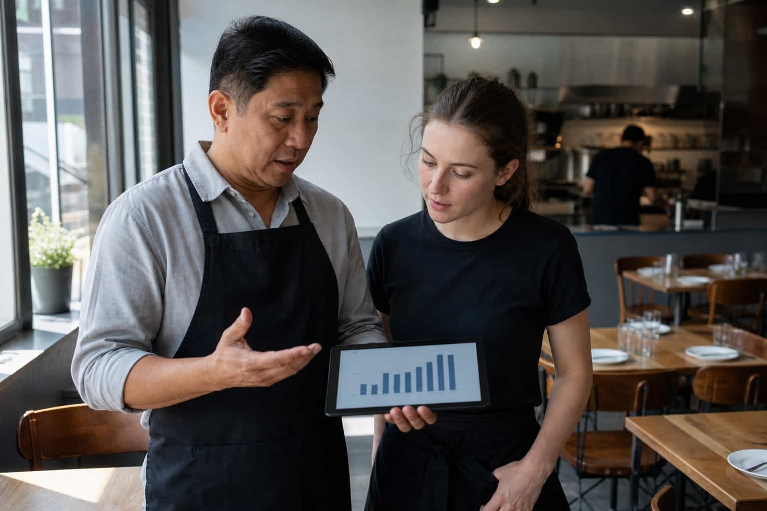 Filipino male restaurant owner in his fifties showing a young female server in her twenties how to read a QR scan dashboard on a small tablet in a quiet restaurant during prep hours