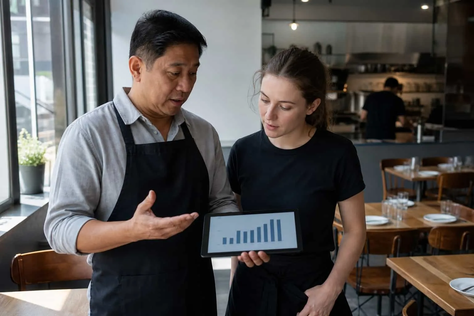 Dono de restaurante filipino de uns cinquenta anos mostrando pra uma garçonete jovem de uns vinte anos como ler um dashboard de escaneamento QR em um tablet pequeno em um restaurante tranquilo durante a preparação