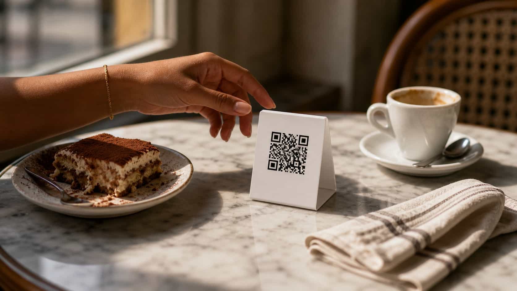 Hand of a female diner reaching toward a small acrylic table tent with a QR code on a marble-topped restaurant table, dessert plate and espresso cup in soft focus around it