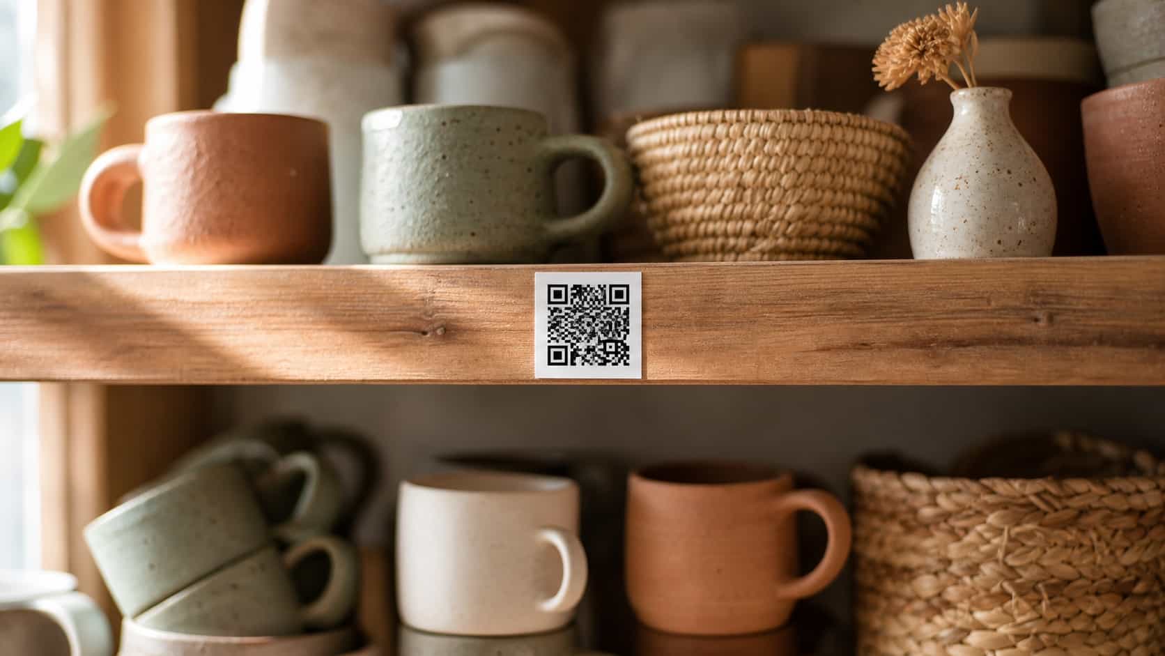 Close-up of a printed QR code mounted on a wooden shelf edge in a small home goods store, with handmade ceramic mugs and woven baskets out of focus around it