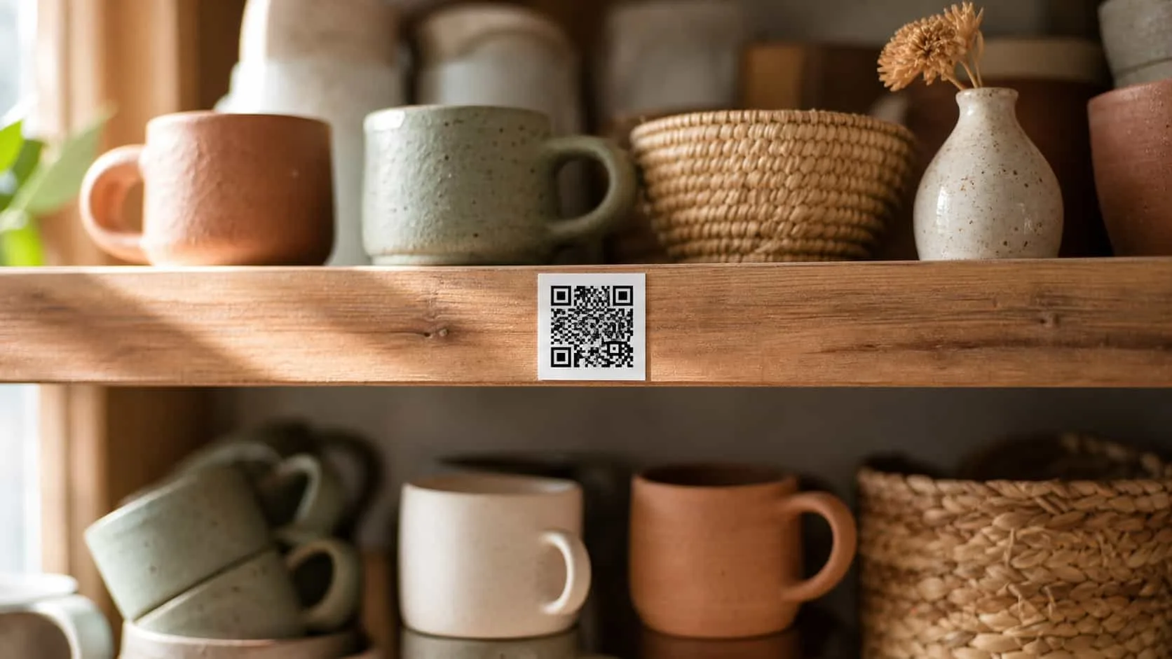 Primer plano de un código QR impreso montado en el borde de una estantería de madera en una tienda chica de artículos para el hogar, con tazas de cerámica artesanales y canastos tejidos desenfocados alrededor