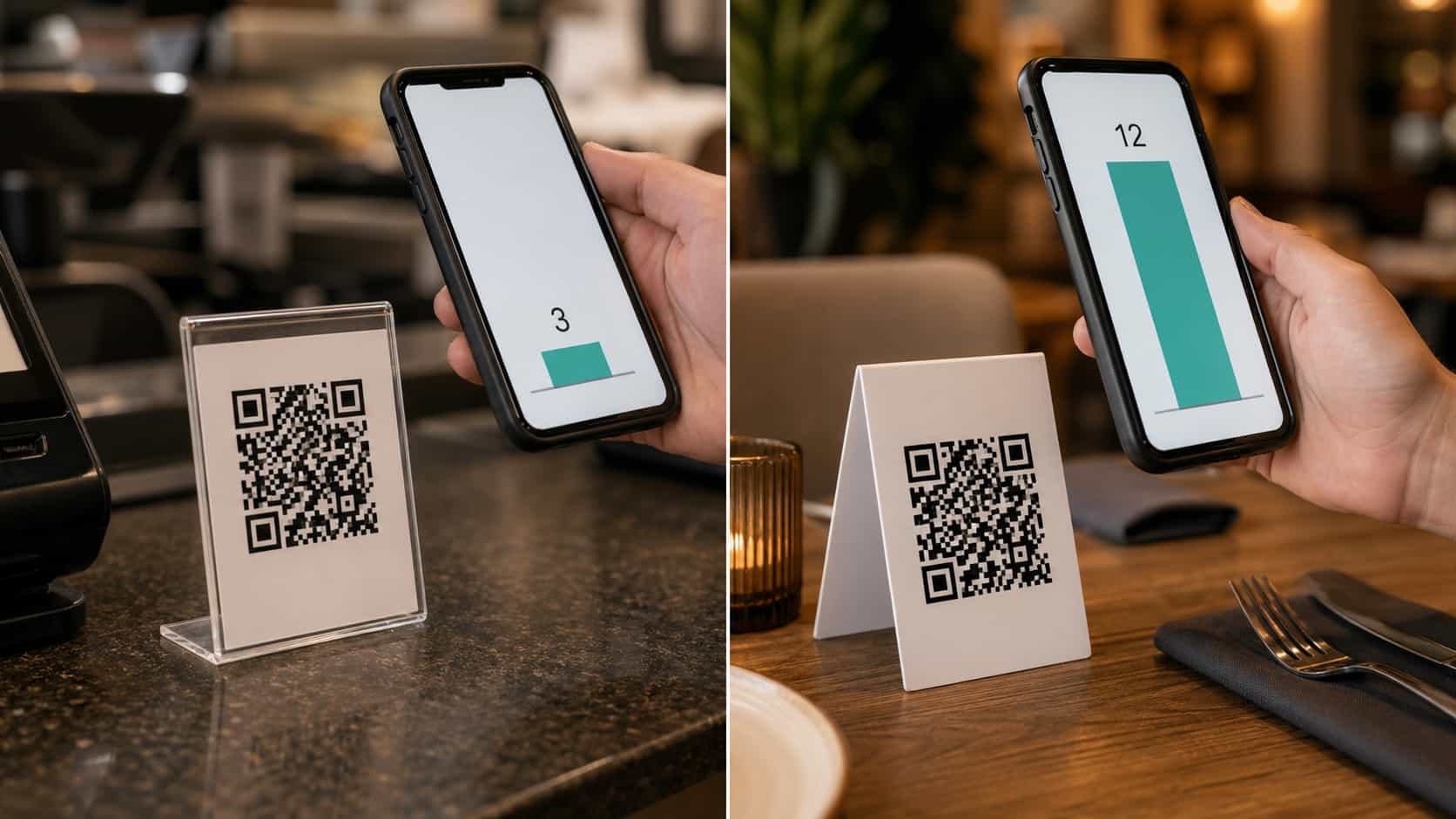 Side-by-side comparison of two QR code placements with scan count data shown on smartphone screens
