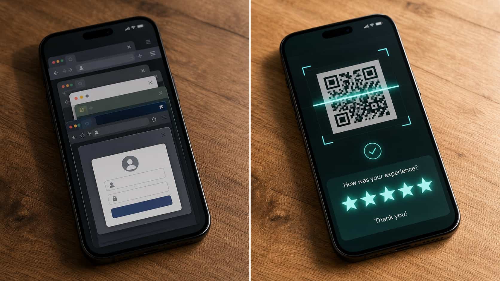 Side by side comparison showing a complicated review path versus a simple one-tap QR code path on smartphones