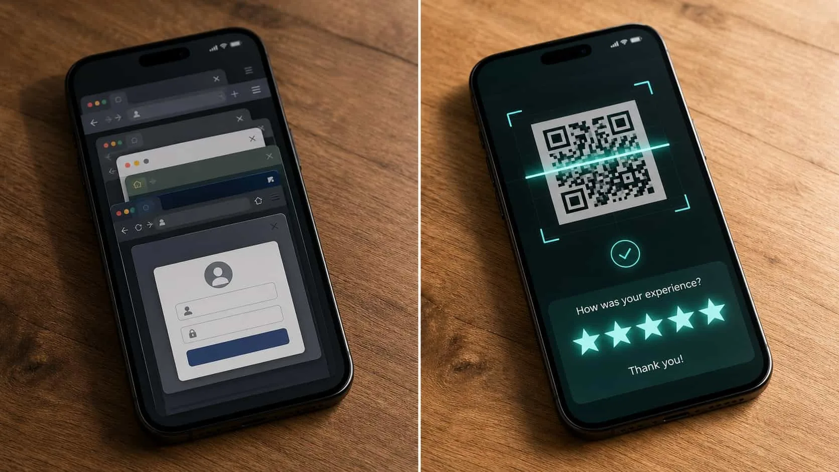 Side by side comparison showing a complicated review path versus a simple one-tap QR code path on smartphones