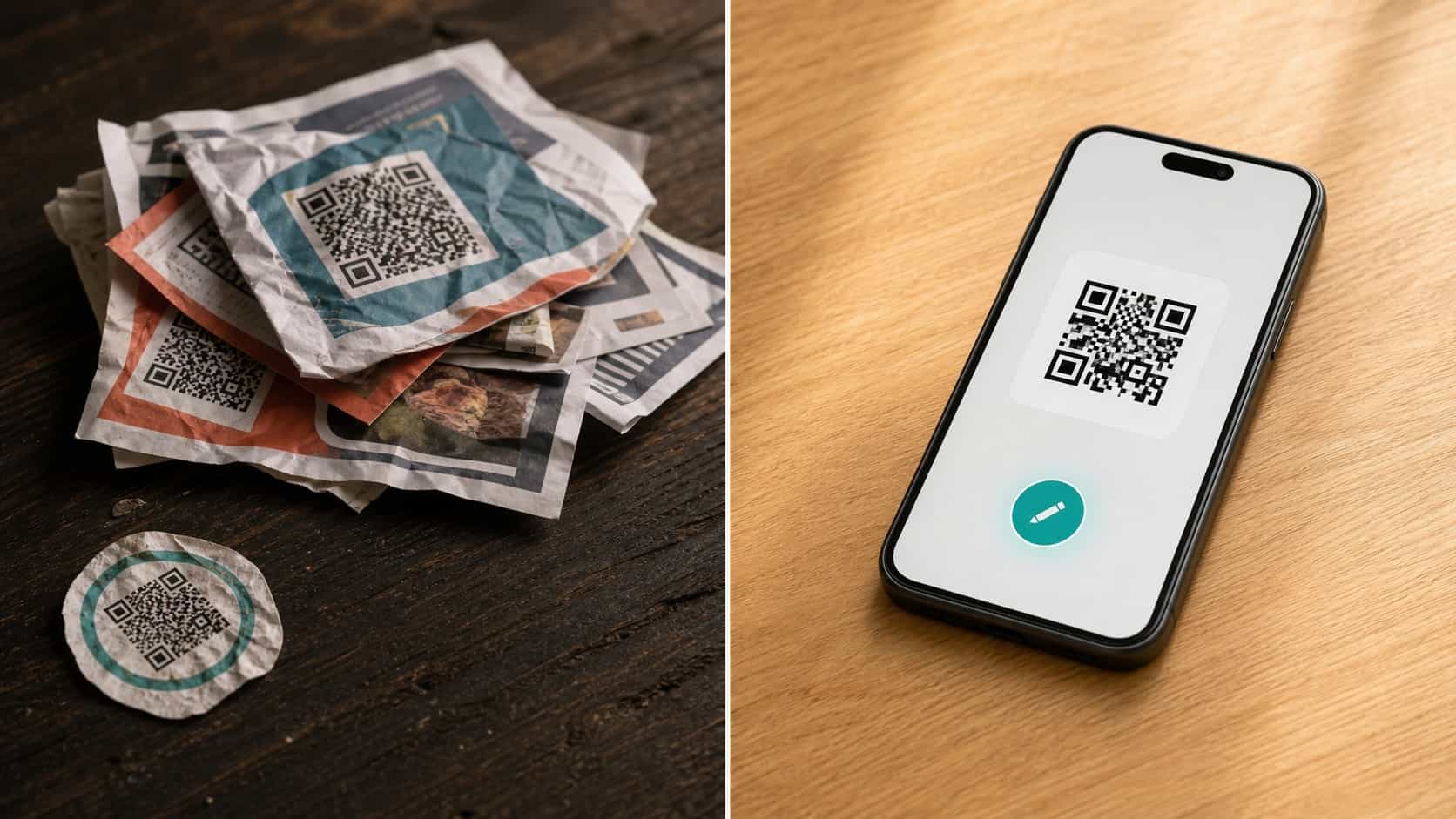 Visual comparison showing wasted printed materials on one side and a single editable QR code on a phone screen on the other