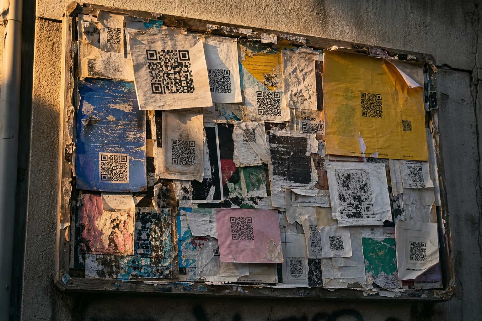 Close-up of a public information board on an exterior wall covered in faded weather-worn paper posters and flyers, several with static QR codes printed on them, some peeling and torn, late afternoon shadow