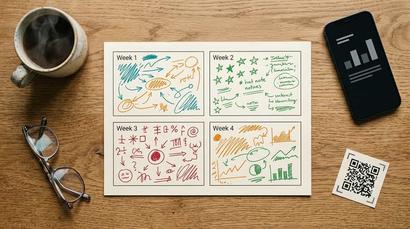 Overhead flat lay of a small business owner's desk showing a printed weekly calendar with four different QR campaign concepts sketched in colored pen alongside a coffee mug and a smartphone