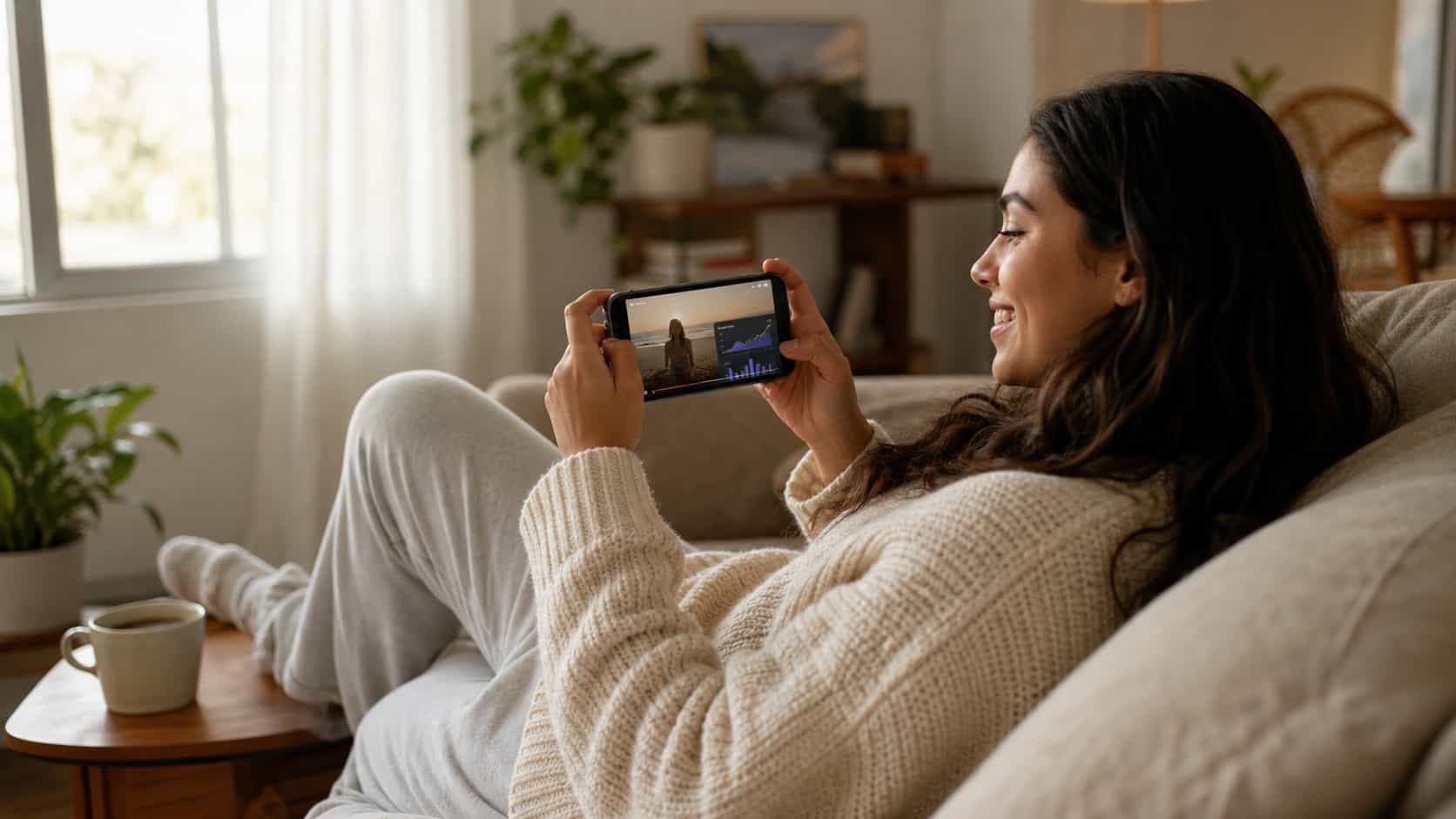 Young Latina woman in her mid-twenties relaxing on a beige couch watching short videos on her phone with a rewards app earnings counter visible on screen, soft afternoon window light