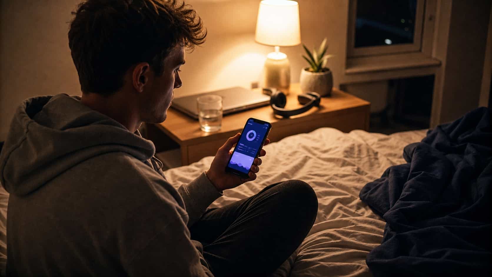 Jovem sentado na cama à noite olhando o celular com o brilho suave da tela no rosto, quarto casual com luz quente de abajur
