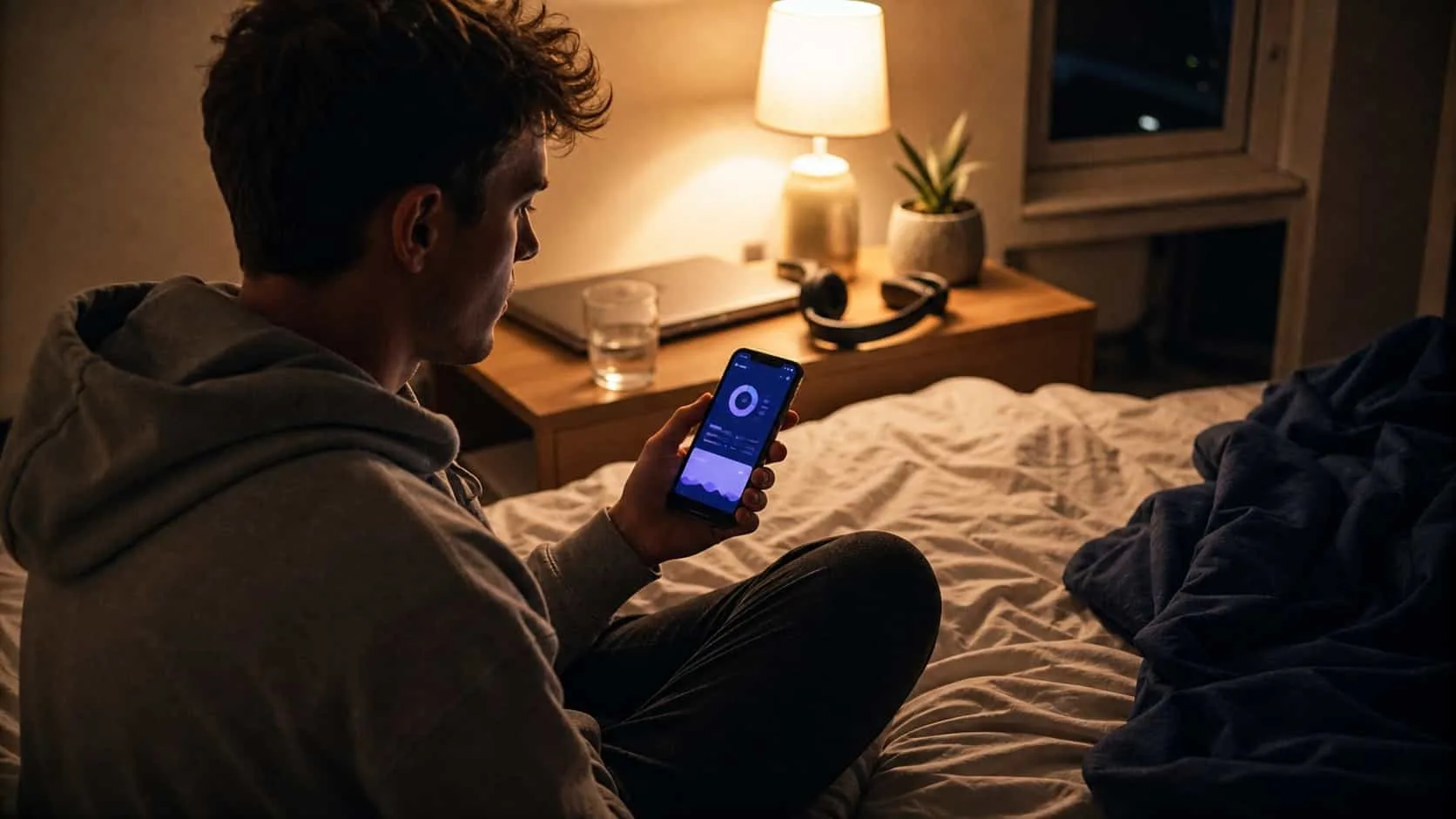 Jovem sentado na cama à noite olhando o celular com o brilho suave da tela no rosto, quarto casual com luz quente de abajur