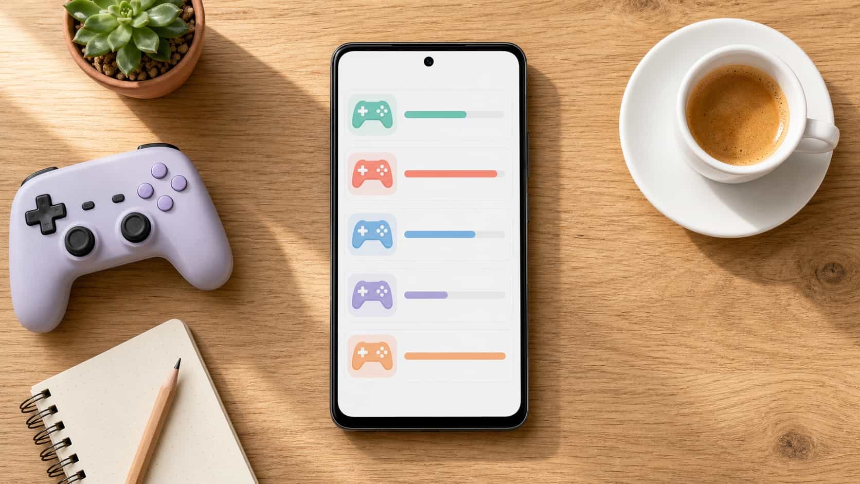 Top-down view of an Android phone on a desk showing an abstract comparison of game apps with payout bars next to a controller and coffee