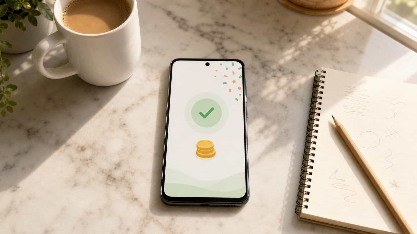 Android phone on a kitchen counter showing an abstract cashout confirmation next to a coffee mug
