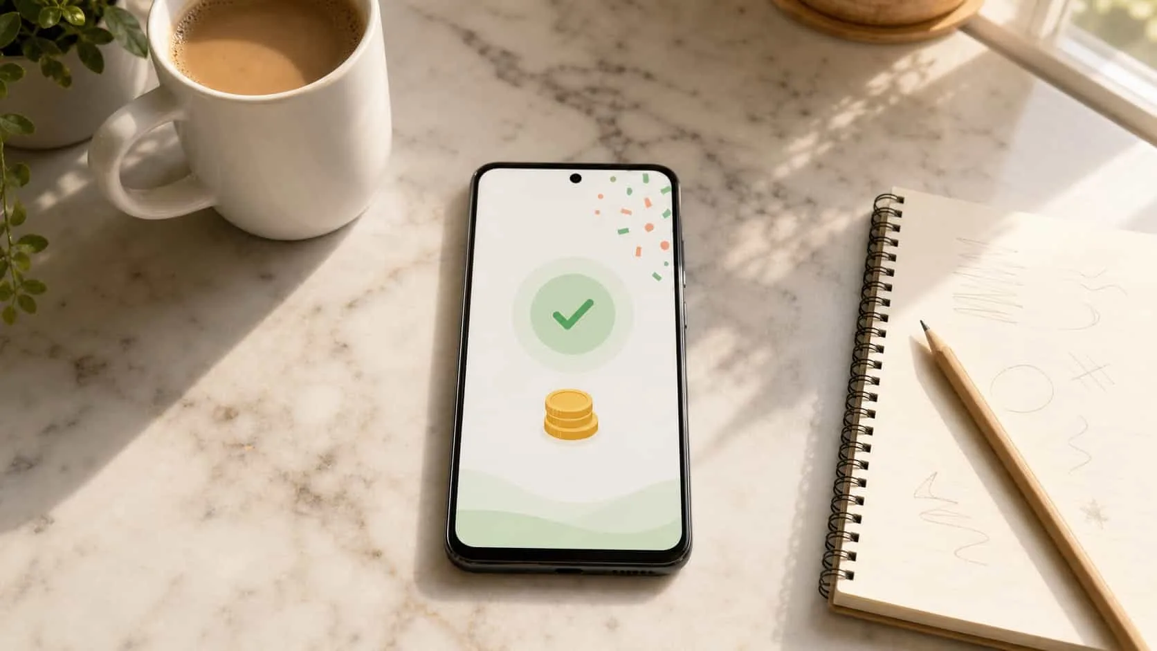 Celular Android sobre la mesada de una cocina mostrando una confirmación abstracta de retiro junto a una taza de café