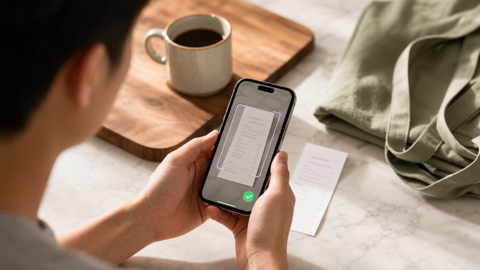 Mãos segurando um celular escaneando uma nota fiscal genérica de papel sobre uma bancada de cozinha, interface abstrata de escaneamento visível na tela
