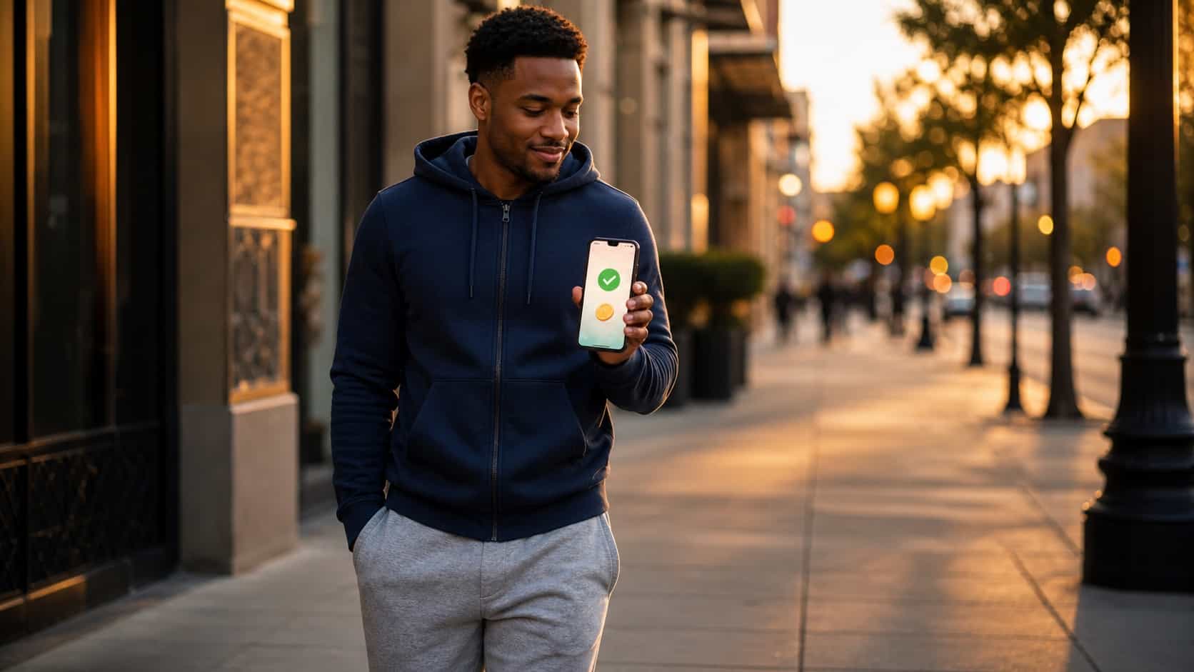 Young man on an evening city walk glancing at his phone showing an abstract reward notification