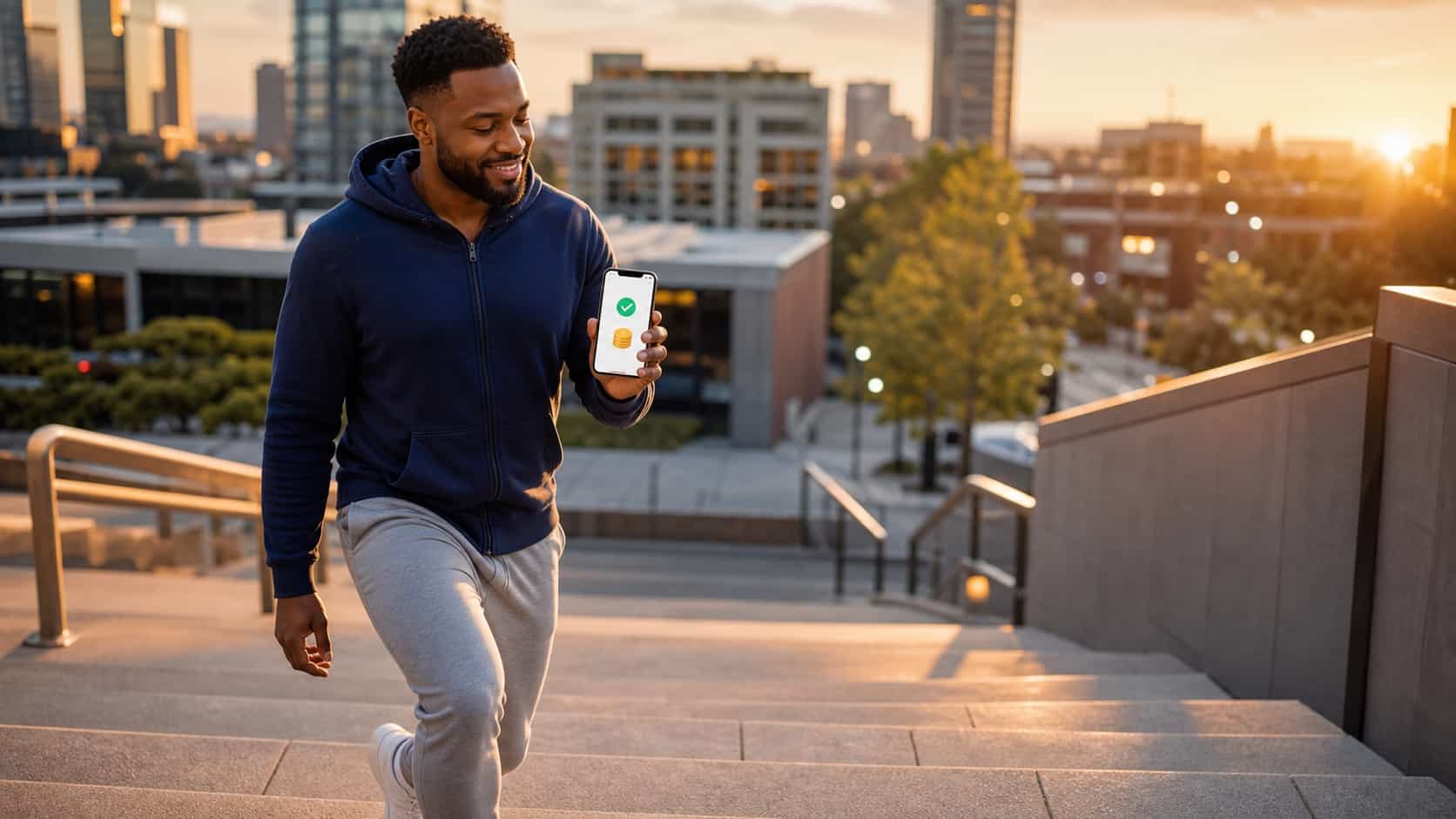 Young man walking up city stairs at sunset, glancing at his phone showing an abstract step reward confirmation