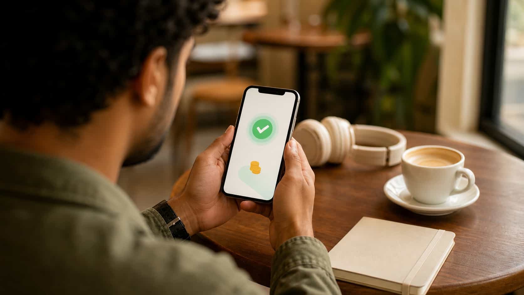 Hands holding a phone in a coffee shop showing an abstract payout confirmation screen next to a coffee and a notebook